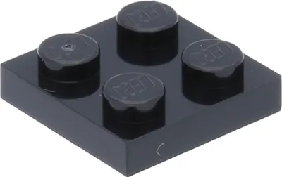 A single black Lego brick with four studs is shown from a diagonal angle against a white background.