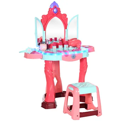 Produktbild von AIYAPLAY Schminktisch-Spielzeug für Mädchen ab 3 Jahren, mit Hocker, Spiegel, Licht, Musik und Haartrockner, inklusive 31 Zubehörteilen, Make-up-Schminktisch, 57 x 34 x 76 cm, mehrfarbig
