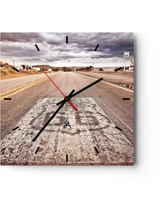 Produktbild von Wanduhr - Quadrat - Glasuhr - USA Route 66 Reise - 30x30cm - Schleichendes Uhrwerk - Lautlos - zum Aufhängen bereit - Dekoration Modern - Wanddekoration aus Glas - C3AC30x30-2712