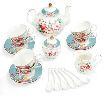 Produktbild von 15-teiliges Porzellan-Teeservice mit Blumenmuster
