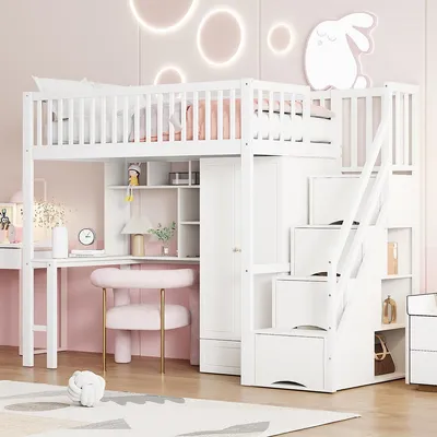 Produktbild von Hausbett mit Großem Kleiderschrank Regal und Tisch Hochbett Kinderbett Einzelbett Holzbettgestell 90x200cm Weiß