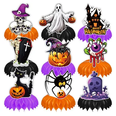 Halloween-Tischdeko-Set, 9 Honigwaben-Figuren, Cartoon-Stil
