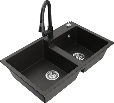 Produktbild von Mexen Tomas 2-Becken-Granitspüle mit Mischbatterie Elia, Schwarz/Gold metallisch - 6516-75-670101-70
