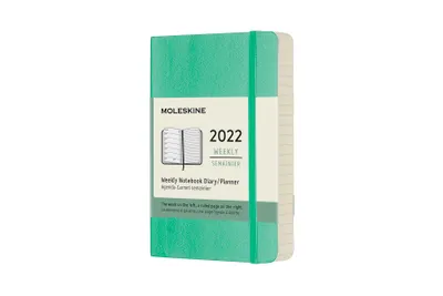 Image de Agenda hebdomadaire Moleskine, format poche/A6, pour 12 mois (2022), avec une page par semaine, page de droite lignée, couverture souple, couleur vert glacier