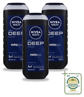 Immagine prodotto di 3 confezioni di gel doccia Nivea Men Deep Clean - 250 ml - confezione risparmio - 3 pezzi
