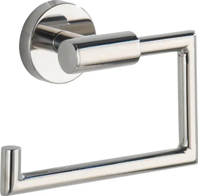 A close-up studio shot of a modern, minimalist toilet paper holder made of polished metal.