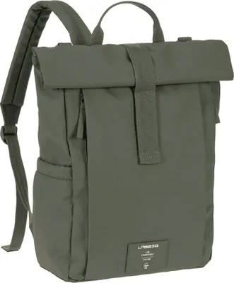 A studio shot of a green rolltop backpack.