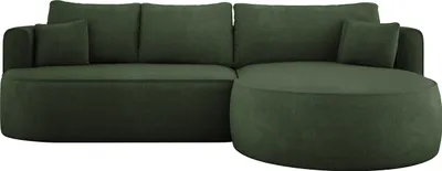 A dark green sectional sofa with a chaise lounge.