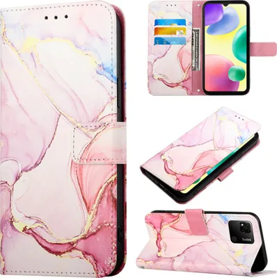 Produktbild von Redmi 10A Hülle, Marmor Motiv Kunstleder Tasche Wallet Kartenfächer mit Standfunktion Klapp Schutzhülle für Xiaomi Redmi 10A Pink Weiß