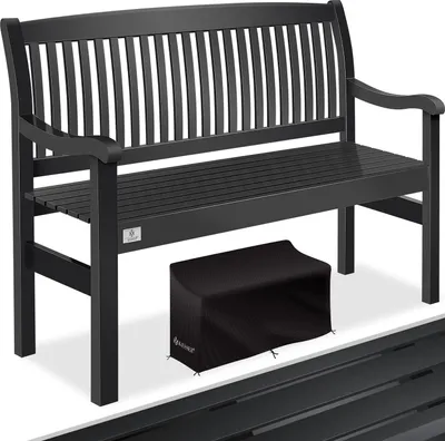 A black garden bench with a black cover for a stool underneath.