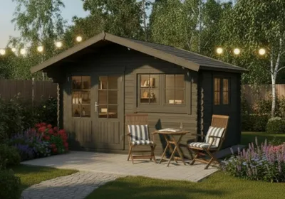 Produktbild von Alpholz Gartenhaus Gabriel 438 x 367cm mit 34 mm Wandstärke in Imprägnierung Grau inkl. Dacheindeckung und Fußboden
