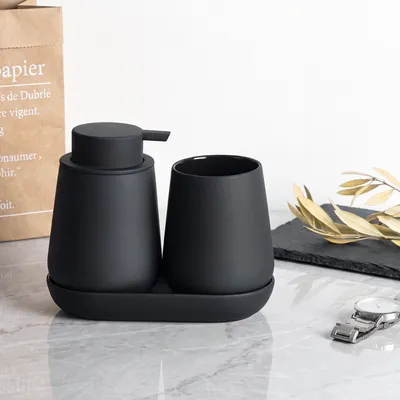 Produktbild von INONEFT Badaccessoires-Set, 3-teilig, bestehend aus Seifenspender, Zahnbürstenhalter und Seifenschale, für Badezimmer, Waschbecken, Keramik, schwarz