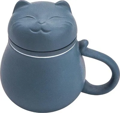 Produktbild von Famanu Keramische Teetasse mit Teesieb und Deckel - Katzenmotiv, Blau