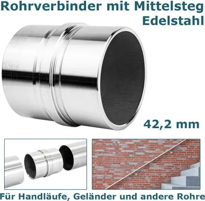 Produktbild von Edelstahl Rohr Verbinder Rohrverbinder mit Mittelsteg für 42,2 mm Rohre Edelstahlrohr Fitting für Geländer Handlauf Balkon Verbindung V2Aox