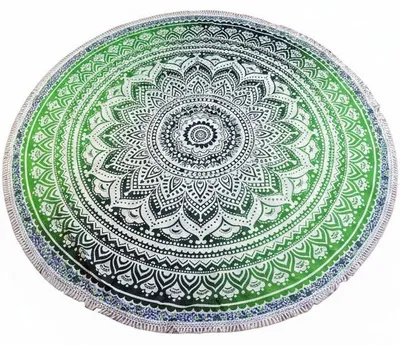 Produktbild von Rundes Indisches Mandala Tuch, Boho Tagesdecke, Picknickdecke, Stranddecke, Runde Tischdecke - Grün, Weiß, Baumwolle, 180*180*0,5 cm, Bettüberwurf, Sofa Überwurf