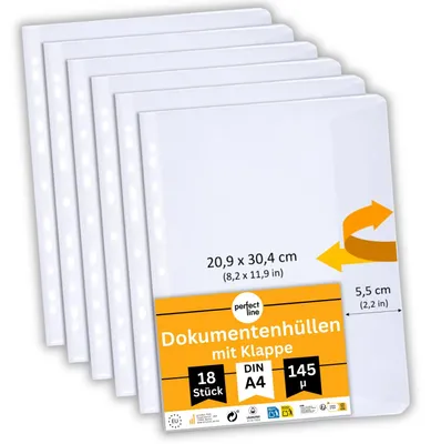 Produktbild von perfect line 18 Prospekthüllen A4 mit Klappe glasklar PP 145 my seitlich offen