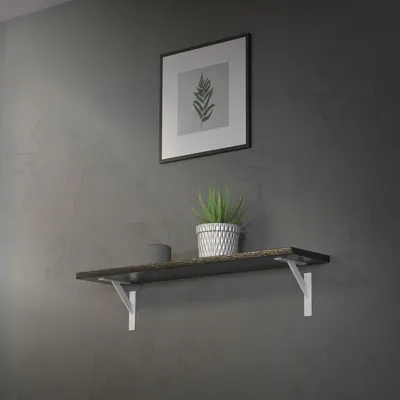 A shelf with a plant and a picture frame on a gray wall.
