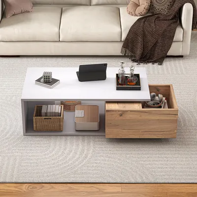 Produktbild von Couchtisch mit 360° Frei Drehbar Schublade Kaffeetish Wohnzimmertisch Beistelltisch 90*50*30cm Weiß + Holzfarbe