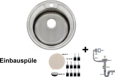 Produktbild von Edelstahl Küchenspüle Rundspüle K48 48 cm Einbauspüle Spüle + Zubehör Spülbecken Küche