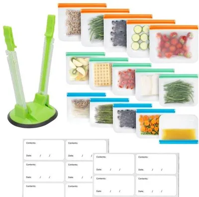Produktbild von Ecofreundliche Mahlzeitvorbereitungskiste mit 15 Gefriersäckchen, 1 Säckchenhalter und 20 Klebeetiketten - Küchenhelfer Lebensmittelverwaltung - Wiederverwendbare Silikon-Säckchen, Säckchenhaken und Gefrierschilder