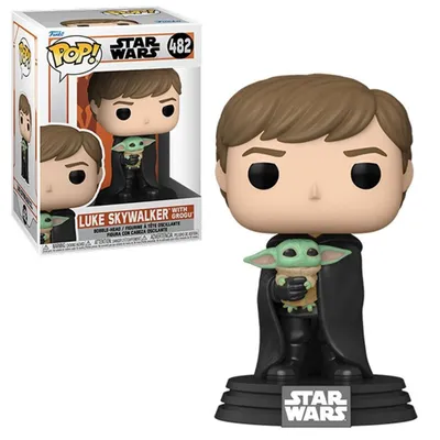 A Funko Pop! vinyl figure of Luke Skywalker holding Grogu, displayed next to its packaging.
