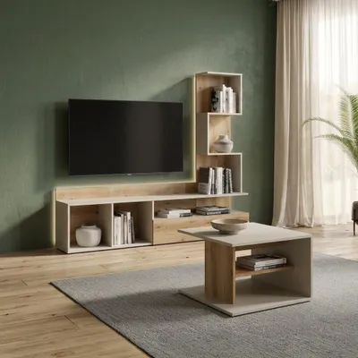 Zdjęcie produktu dla Kondela Meblościanka Ilima z oświetleniem LED - kaszmir / dąb naturalny
