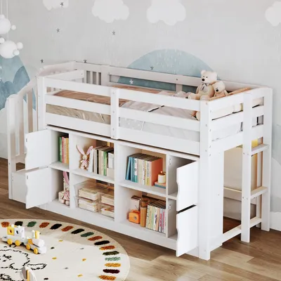 Obrázek produktu pro Dvoupatrová postel Flieks, 90 x 200 cm, s žebříkem, vysoká postel s úložnými přihrádkami a skříňkami, dětská postel s úložným prostorem a LED osvětlením, bílá, dřevo
