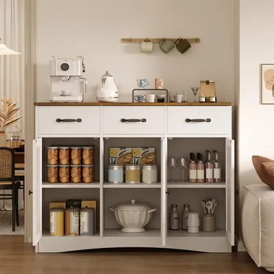 Produktbild von BEALIFE 3-türiges Sideboard 110x40x80 cm | Mit Schubladen, Kippsicherung aus MDF in Retro-Optik/Grau | AP41