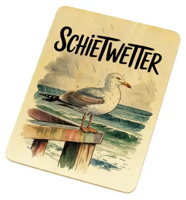 Produktbild von Möwe im Regen Postkarte aus Holz - SCHIETWETTER