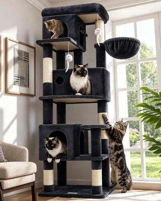 Immagine prodotto di Albero per gatti, altezza 168 cm, con 3 rifugi per gatti, 5 pali per graffiare, piattaforma imbottita, adatto per 3-4 gatti