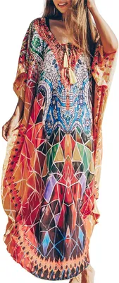 Produktbild von Damen-Kaftan-Kleid aus Polyester, langes Modell mit Blumenmuster, geeignet als Strandkleid und Überwurf