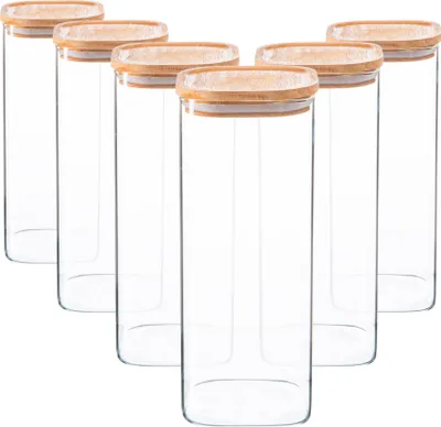 Produktbild von Quadratische Vorratsgläser aus Glas mit Holzdeckel – 1,9 Liter – 6 Stück