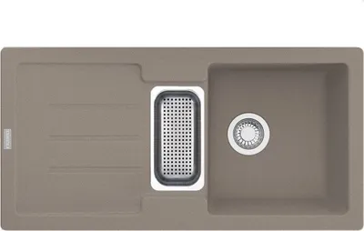 A top-down view of a kitchen sink with a drainer and a strainer basket.