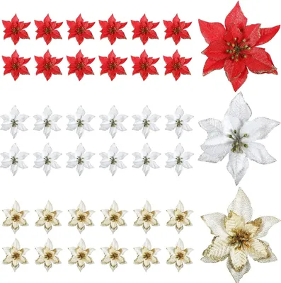 Produktbild von 45 Pieces Christmas Poinsettia Decorations Glitter Poinsettia Flowers Christmas Tree Flowers Red Gold White Silver for Xmas Tree Ornaments, 5 Inch