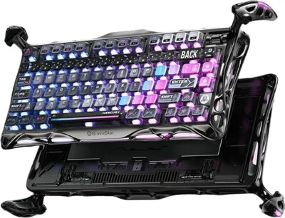 A close-up, angled view of a futuristic-looking mechanical gaming keyboard with RGB lighting.