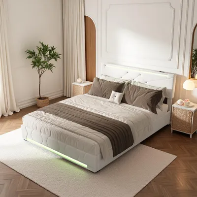 Produktbild von ProximaX Hydraulikbett 140×200 cm in Beige – Leinenstoff, LED-Beleuchtung an Kopf- & Fußteil, USB-Anschluss, großer Bettkasten – Ideal fürs Schlafzimmer