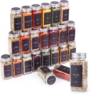 Produktbild von 𝗛𝗔𝗩𝗘𝗡𝗛𝗔𝗨𝗦 Gewürz Organizer Set I 24x Gewürzgläser eckig 120ml mit Streuaufsätzen & Deckel luftdicht, 24x Gewürzgläser Glas mit 336 Etiketten