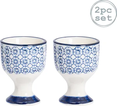 Produktbild von Nicola Spring 2 Stück handgedrucktes Eierbecher Set - Japanische Art Porzellan Frühstück hart weich gekochte Eier Halter - Navy