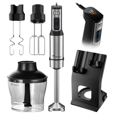 Produktbild von 6-in-1 Stabmixer ariva Set 1200W, LED-Display & Timer, Pürierstab mit Titan-Klingen, 800ml Zerkleinerer, Schneebesen, Knethaken & Ständer