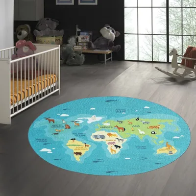 Produktbild von Kinderzimmer Weltkarten-Lernteppich mit Tieren in blau Größe - 160 cm Rund