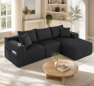 Image de Ensemble de canapé modulaire avec chaise longue & 2 places, revêtement en velours côtelé doux, avec 5 coussins, poches latérales & porte-gobelets, mousse haute densité, combinaison DIY, idéal pour salon, appartement & studio., Image générée par une IA