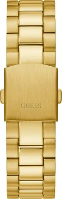 A close-up view of a gold-colored watch band and clasp.