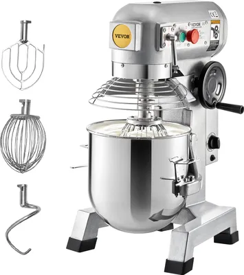 A VEVOR kitchen mixer with its attachments is displayed against a white background.