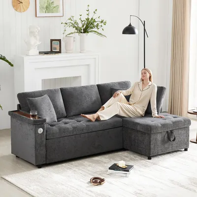 Image de MODFU Canapé Convertible avec Coffre et Port USB - Canapé-Lit 2 à 3 Places, Tissu Chenille Gris