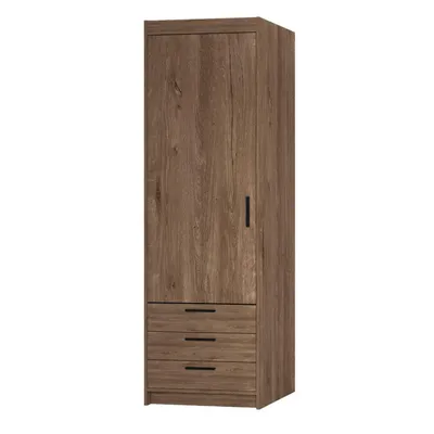 Image de Armoire à portes battantes ELENA 1D chêne Lefkas avec poignées noires - Armoire 60 cm avec 3 tiroirs et porte lisse