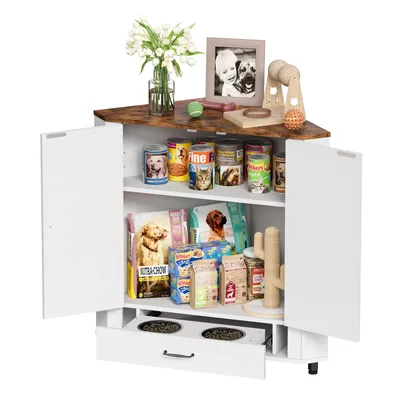 Produktbild von Eckkommode Futterstation 2in1 Lagerschrank, verstellbarer Fachboden mit Stauraum, 2 Edelstahlnäpfen und 4 Haken, Für Hunde und Katzen 85*86cm