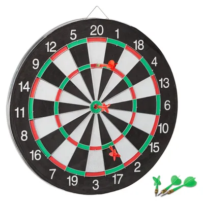 Produktbild von Relaxdays Dartscheibe Board X1 mit Pfeilen, 43 cm, 6 x Pfeile, zweiseitig, Steeldarts, Dartboard klassisch, schwarz-weiß