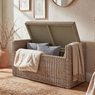 Zdjęcie produktu dla Komoda do przechowywania M92, ławka do garderoby, poduszka Kubu rattan 88cm ~ szaro-brązowy