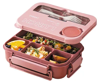 Productafbeelding van Lunchbox met 4 compartimenten, lekvrije lunchbox van 1200 ml met lepel en vork, breekvaste lunchbox voor kantoor, school, picknick, geschikt voor de vaatwasser en magnetron (ROZE)