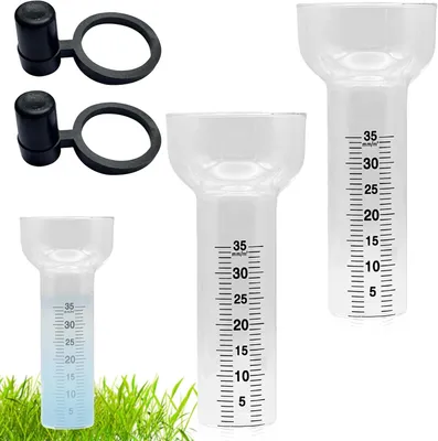 Imagen del producto de Juego de 2 pluviómetros, resistentes a las heladas, con un rango de medición de 1 a 35 mm, que incluye soporte y embudo, ideal para el jardín